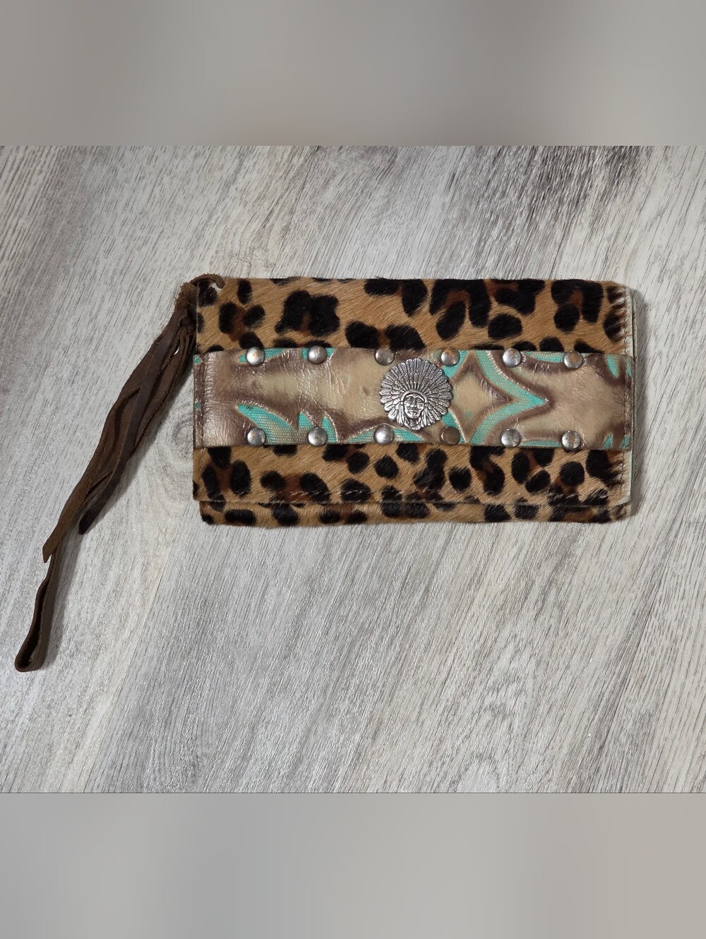 Keep It Gypsy Leather Brown Leopard Trifold Wristlet